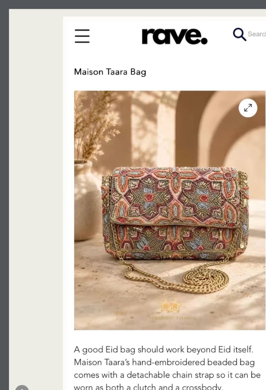 Maison Taara hand-embroidered beaded bag styled for Rave Magazine Eid Edit.