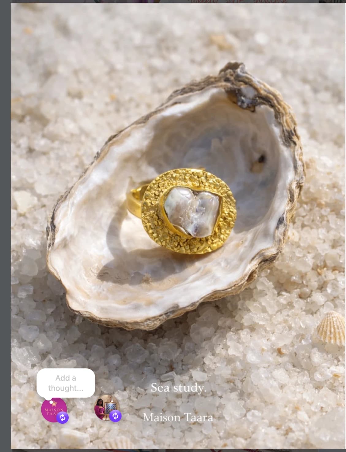 Maison Taara ring placed inside a shell on a coastal still life.
