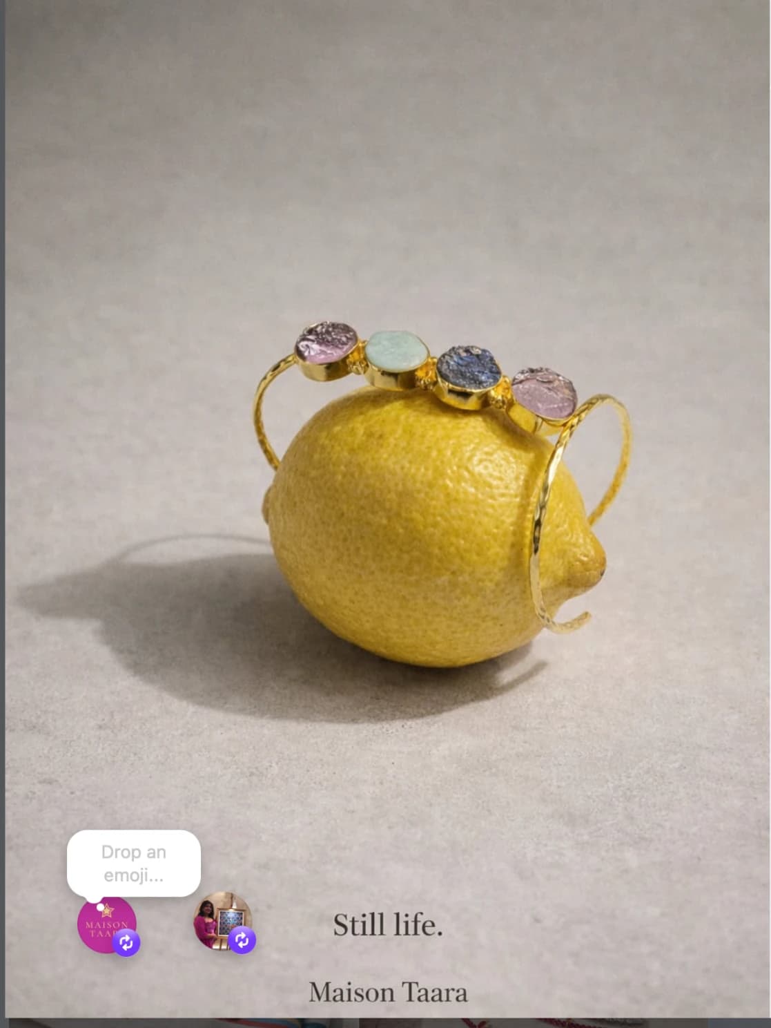 Maison Taara cuff bracelet styled on a lemon as a still life.