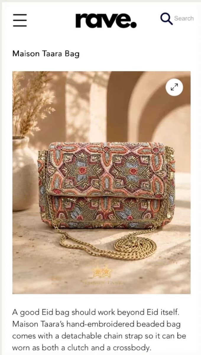 Maison Taara beaded bag featured in Rave Magazine Eid Edit.